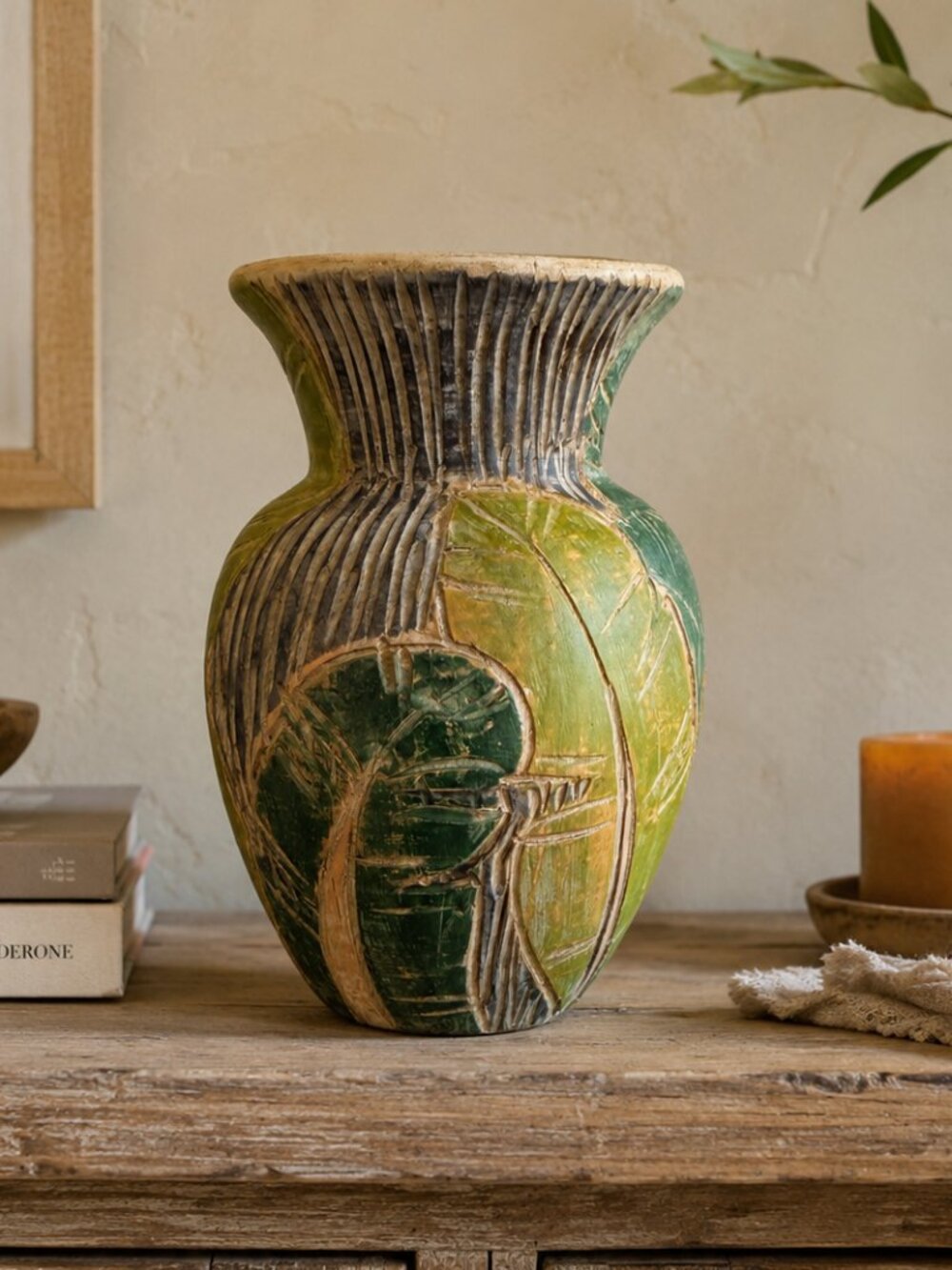 Vintage Green Leaf Ceramic Vase 9” Ribbed Tropical Boho Decor